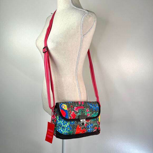 Oilily Small Shoulder Bag Crossbody Floral Print Vegan Colorful Gray Fabric - Picture 2 of 11